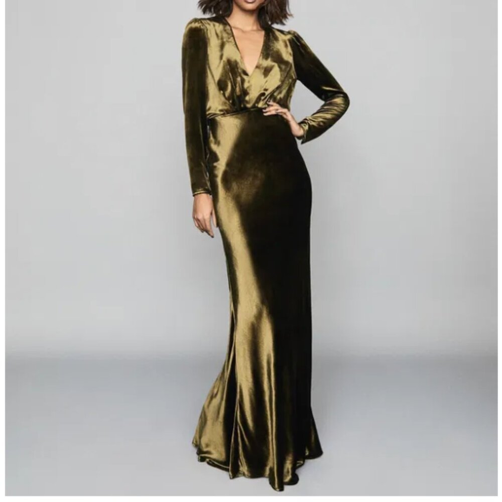 Reiss Klara velvet plunge neckline maxi dress in khaki